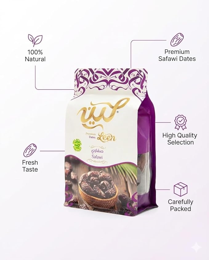 LEEN Safawi Dates Premium 100% Natural &amp Hand-Picked Resealable Zipper Pouch | Soft Naturally Sweet &amp Melt-in-Mouth | Authentic Dates from Al-Madinah Al-Munawarah (400 g)