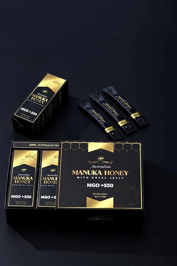 Australian Manuka Honey MGO 550+ with Royal Jelly – Premium Immune Support Honey 30 Sachets Natural Energy Boost 30 x 10g