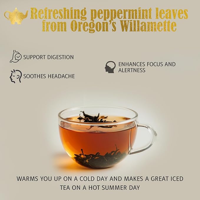 Willamette Peppermint Tea Organic Loose Leaf Mint Herbal Tea – Soothing Caffeine-Free – Refreshing Hot or Iced – 4 oz Resealable Bag (Makes 50 Cups) – The Elegant Elephant