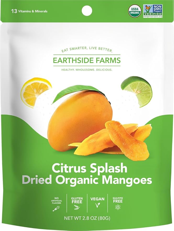 Earthside Farms - Dried Organic Mango Variety Pack Original Citrus Splash Lime Kick and Peach Paradise Dried Organic Mangoes Gluten Free No Added Sugar Non GMO Organic Vegan No Preservatives