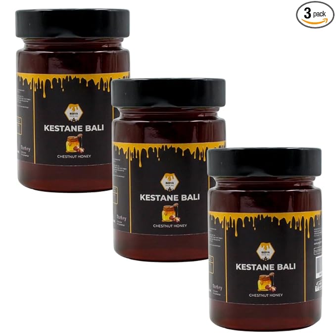 Natural Turkish Chestnut Honey 3-Pack (3 x 460g/16.23fl oz) - Pure Raw Kestane Bali Glass Jars Ships as a 3-Unit Pack