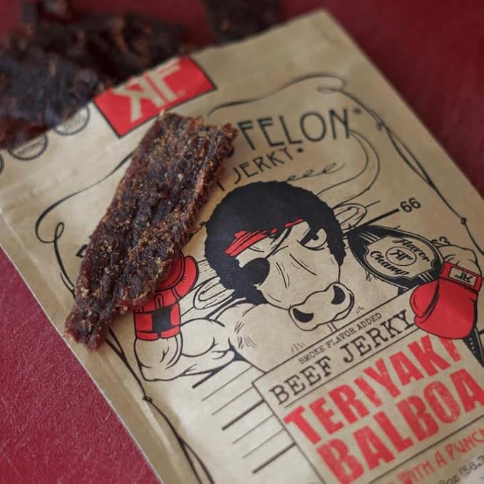 Righteous Felon Beef Jerky - Teriyaki Balboa Jerky - Gluten-Free Snacks - All-Natural Locally Sourced &amp Dried Beef Jerky - Low-Sugar High-Protein Healthy Snacks - 2 Ounces Each Pack of 8