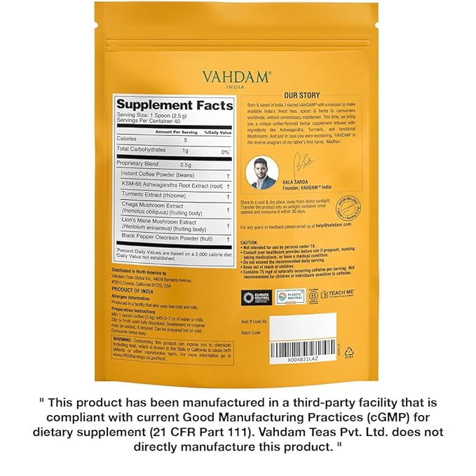 VAHDAM Ashwagandha Coffee with Turmeric Lion’s Mane &amp Chaga Mushroom | Clinically Proven KSM 66 Ashwagandha &amp Pure Arabica Coffee | Stress &amp Cortisol Support Better Energy - 40 servings