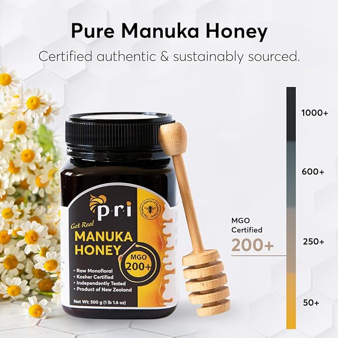 P.R.I Manuka Honey MGO 200+ Monofloral Raw New Zealand Honey Cool‑Processed &amp 100% Traceable (500g/1.1lb)