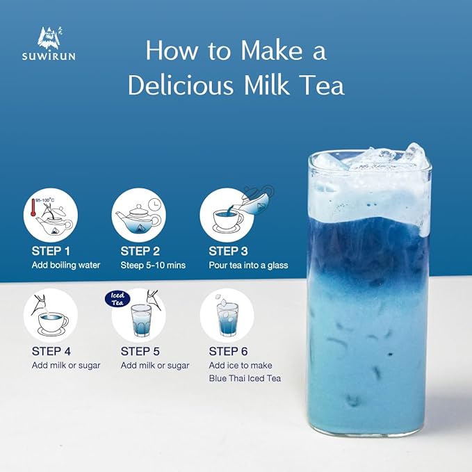 Suwirun Organic Blue Thai Tea 25 Bags – Naturally Blue Butterfly Pea Tea – Floral Aroma with Vanilla &amp Green Tea – Great for Hot Iced &amp Milk Tea