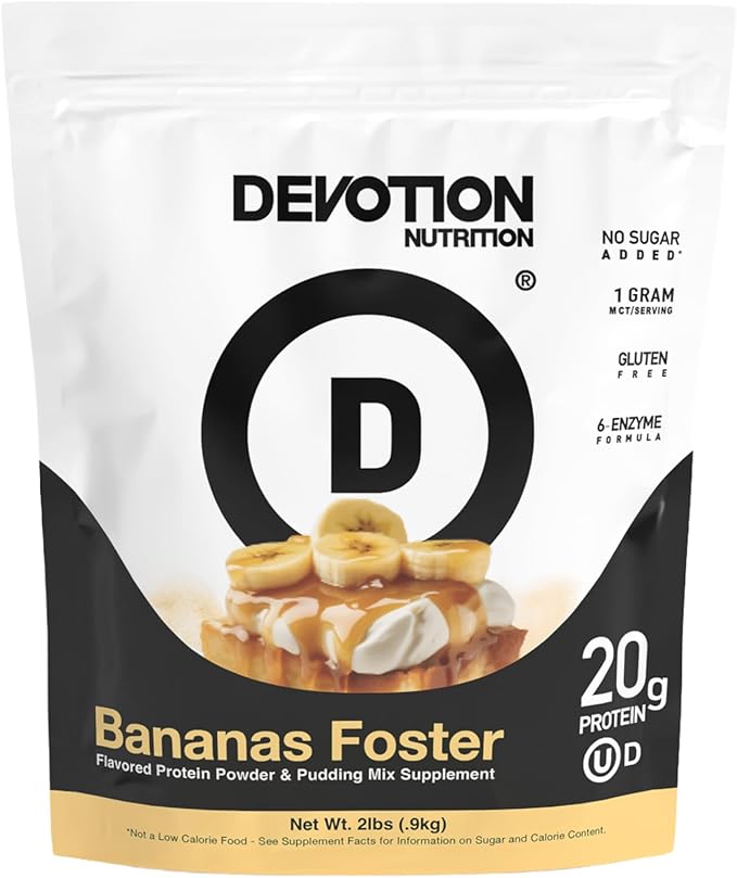 Devotion Nutrition Protein Powder Bananas Foster – 20g Whey Isolate &amp Casein Protein Blend – No Added Sugar Low Carb Gluten-Free Keto-Friendly 1g MCT Kosher – 2lb Pouch