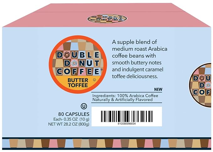 Double Donut Coffee Flavored Coffee PodsButter Toffee Coffee Single Serve Medium Roast Coffee for Keurig K Cups Brewers 80 Count