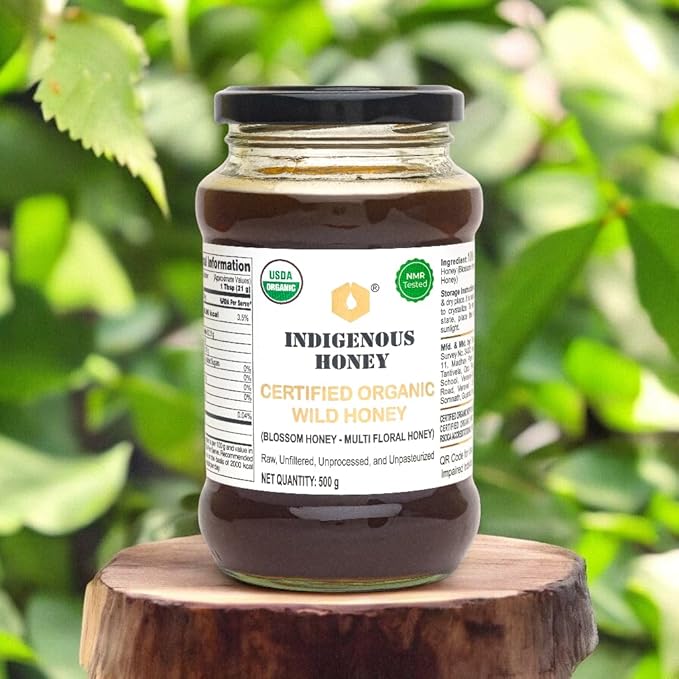 INDIGENOUS HONEY USDA Certified Organic Raw Wild Blossom Honey Unfiltered Small-Batch Micro-Lot Harvest Glass Jar Single-Origin 17.64 oz