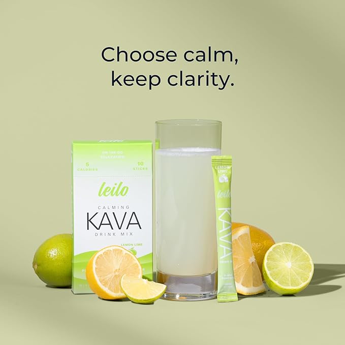 Leilo | Calming Kava Drink Mix | Lemon Lime 10 Stick Packs (Plant-Based Relaxation Powder Non-Alcoholic Sugar-Free Herbal Supplement)