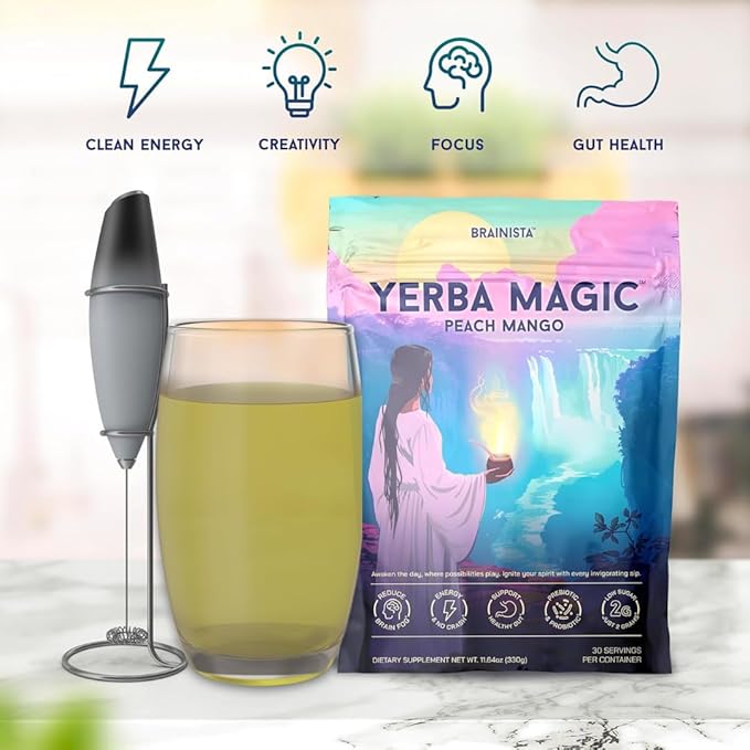 Yerba Magic – Yerba Mate Tea Instant Powder Super Drink with Nootropics Prebiotics &amp Probiotics – Clean Energy Mental Clarity &amp Gut Wellness | Low Sugar Natural Caffeine – Peach Mango 30 S