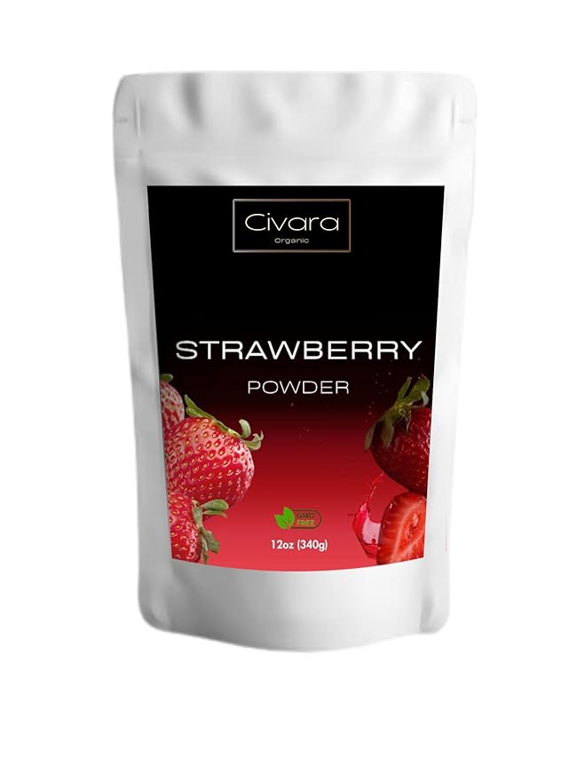 Civara Organic Strawberry Powder 6oz &amp 12oz | 100% Natural Fruit Powder | No Sugar &amp Additives | Great Flavor for Drinks Smoothie Beverages | USDA Organic | Vegan | Gluten Free (12 Ounces)