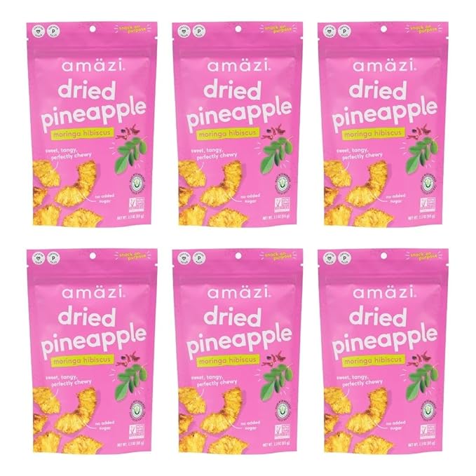 Amäzi Foods | Dried Pineapple - Moringa Hibiscus (6 Pack) | All Natural Snacks | No Sugar Added Dried Pineapple | Dehydrated Fruit