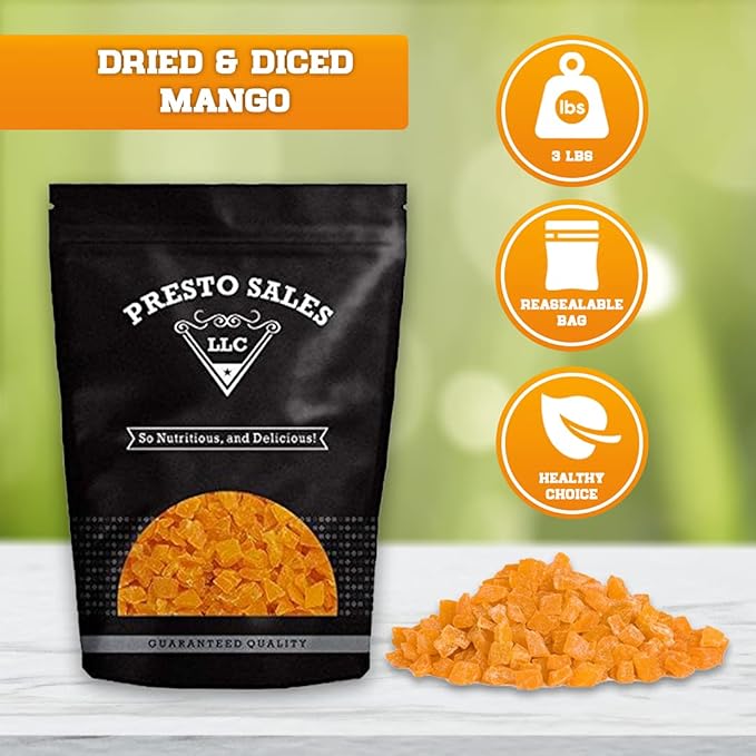 Mango Dried Diced Perfect for Baking and Snacking Vegan Low Calorie Tropical Tangy Delicious Satisfying User Friendly Packed in a resealable pouch bag of 3 lbs. (48 oz.) by Presto Sales LLC