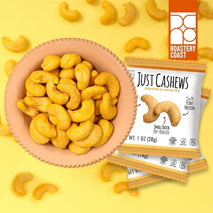 Roastery Coast - Just Cashews Unsalted | Individually wrapped snack (1 Oz each) | Whole Unsalted Cashews | Non-GMO Gluten Free Kosher | Cashew Nuts | Gourmet Snack | 48 Packs