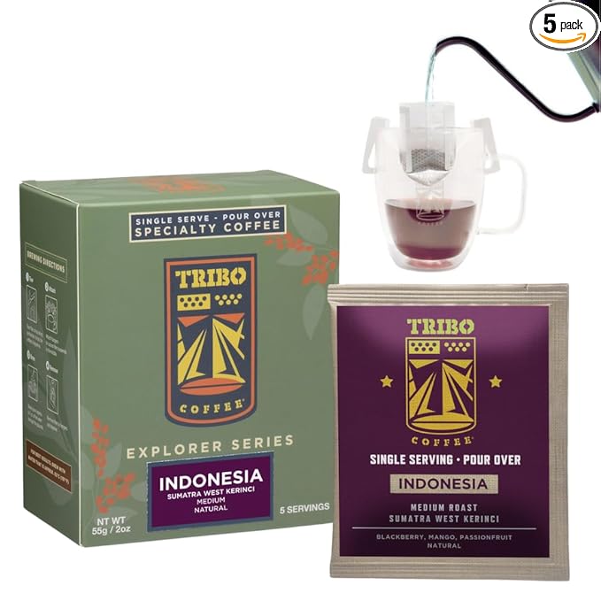 Tribo Coffee Single-Serve Portable Pour Over Drip Coffee - Indonesia Sumatra Natural - 5 Servings (Medium Roast)