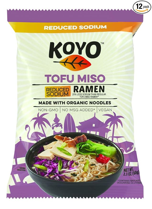 Koyo Ramen Soup Tofu Miso Reduced Sodium Made With Organic Noodles No MSG No Preservatives Vegan 2.1 Ounces Per Package (12 Pack)