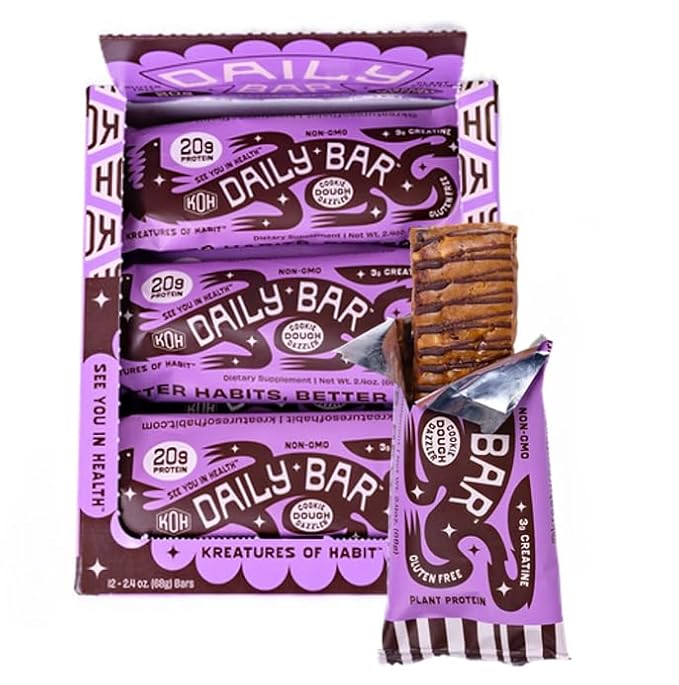 Kreatures of Habit DAILY BAR | Chocolate Chip Cookie Dough Dazzler (Pack of 12) – 20g Plant-Based Protein Bar | 3g of Creatine Monohydrate Per Bar Gluten-Free Vegan Non-GMO