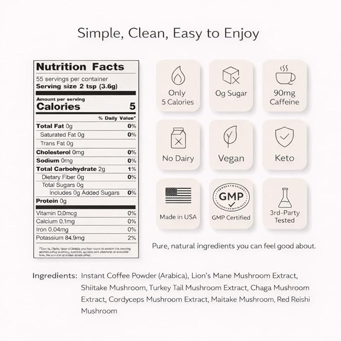 SIMPL DOSE Everyday Mushroom Coffee (55 Servings) | Focus and Energy | Instant Coffee with Lion’s Mane Chaga Cordyceps Reishi &amp More