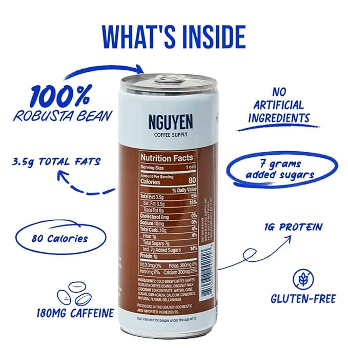 Nguyen Coffee Supply - Coconut: Vietnamese Cold Brew Iced Coffee 100% Robusta Low Sugar Dairy-Free 7.5 fl oz cans [12 Pack]