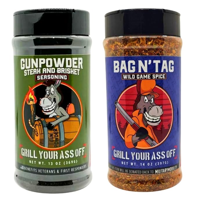 Gunpowder &amp Bag N Tag Seasoning Bundle – All-Purpose BBQ Rub + Wild Game Seasoning for Steak Burgers Venison Elk Pork &amp More – Gluten Free MSG Free Veteran Owned