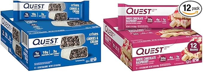 Quest Cookies &amp Cream and White Chocolate Raspberry Protein Bars Bundle 18-20g Protein 1g Sugar Gluten Free Keto Friendly 12 Count