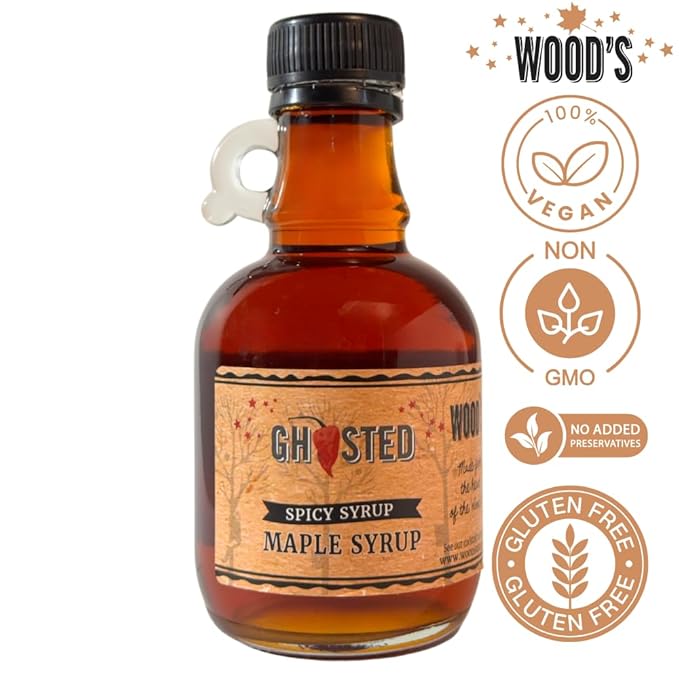 WOOD'S “Ghosted” Maple Syrup – Ghost Pepper Infused | Sweet &amp Spicy Flavor Fusion | Small-Batch Vermont Syrup with Real Ghost Pepper Extract | Vegan Natural Eco-Friendly | Great for Cocktails B