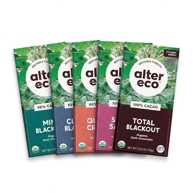 Alter Eco Dark Chocolate Variety Pack 5pk – Blackout 85% Quinoa Crunch Sea Salt Organic Superdark Mint &amp 100% Cacao – Organic Fair Trade Chocolate Bars