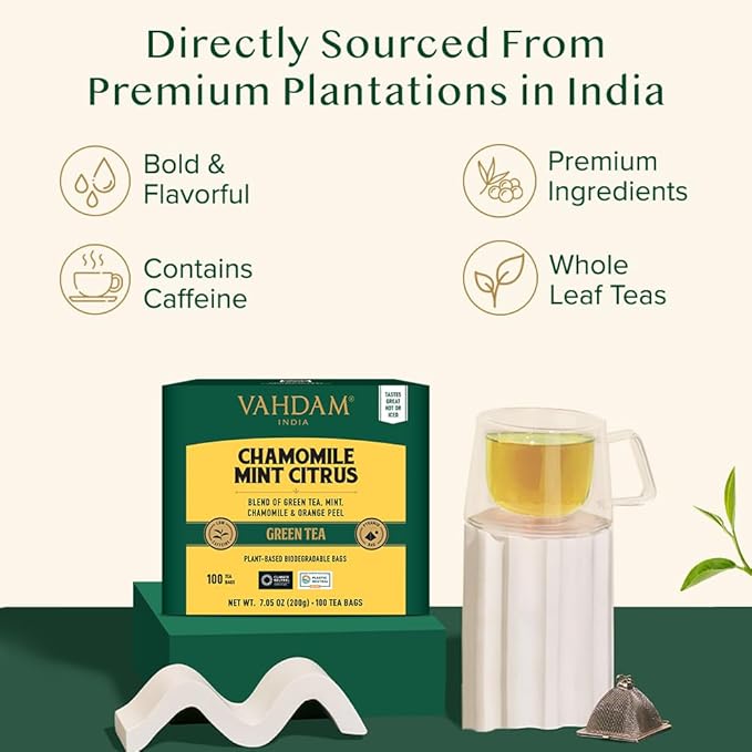 VAHDAM Chamomile Mint Citrus Green Tea Bags (100 Count) Low Caffeine Non GMO Gluten Free | Sweet &amp Floral | Resealable Ziplock Pouch | Chamomile Tea Bags