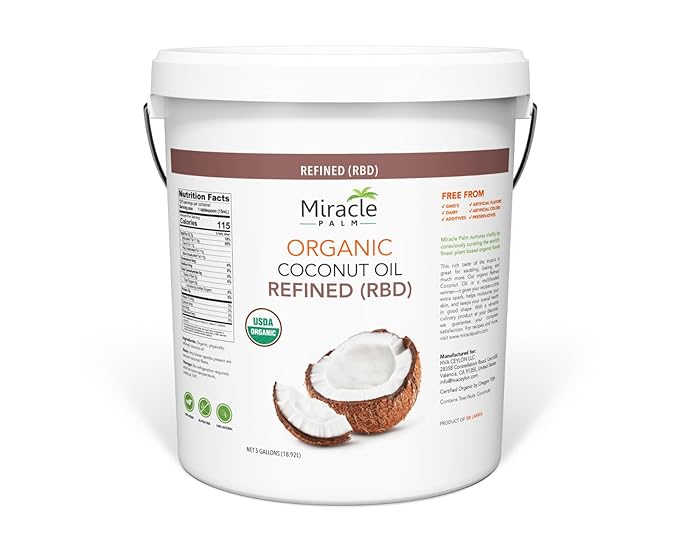 Coconut Oil Bulk - Organic Naturally Refined Coconut Oil (RBD) by Miracle Palm - Vegan Tasteless Non-GMO &amp Gluten Free - Ideal for Skin &amp Hair Care (5 Gallons)
