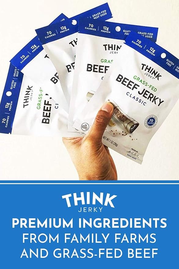 Think Jerky Classic Beef Jerky Grass-Fed High Protein Beef Jerky Gluten Free No Antibiotics or Nitrates Healthy Chef Crafted Recipe Low Calorie and Low Fat - 2.2 oz Bags 4 Pack
