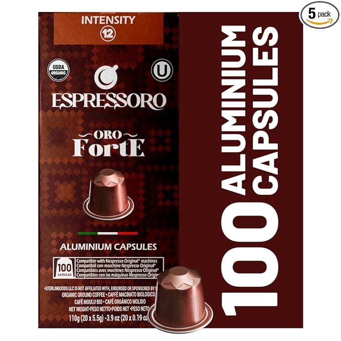 ESPRESSORO 100 USDA Organic Espresso Pods - FORTE Aluminum Capsule Compatible with Nespresso Original Lines Machines. Intensity 12 Premium Italian Expresso Coffee Capsules