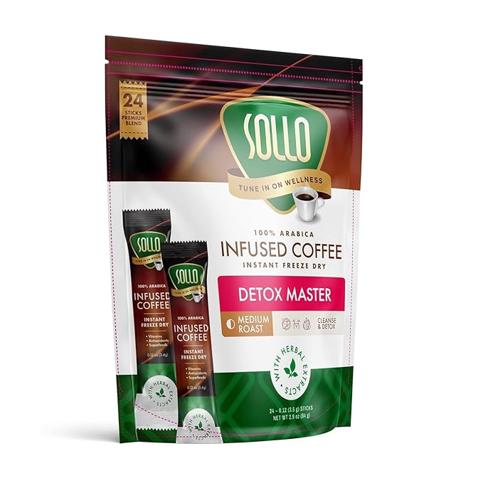 Sollo Detox Infused Instant Coffee Sticks (24 Servings) Weight Loss Healthy Body Support Slim Medium Roast 100% Arabica &amp Freeze Dried Coffee in Single Serve Sticks.