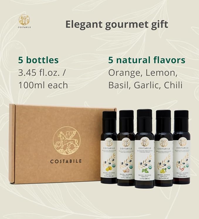 Infused Olive Oil Gift Sets - Organic Puglia Olive Oil Sampler Gift Set. Ideal for Italian and Edible Baskets. Gourmet Box for Food Lovers of 5 x 3.45 Fl.Oz.