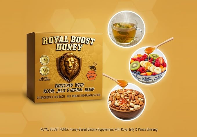 Royal Boost Honey - Apple Infused Linden Tree Honey with Royal Jelly &amp Panax Ginseng - 24 Sachets x 10g Each | On-the-go Snack | Individually Sealed Honey Packs - Smooth Natural Sweetness for Tea