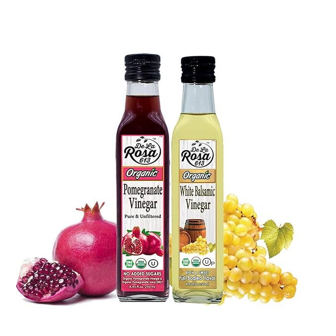 De La Rosa Organic Pomegranate and White Balsamic Vinegar Vegan Kosher Non-GMO &amp Gluten Free Great for Salad Dressings Marinades &amp More 8.45 Oz (Pack of 2)