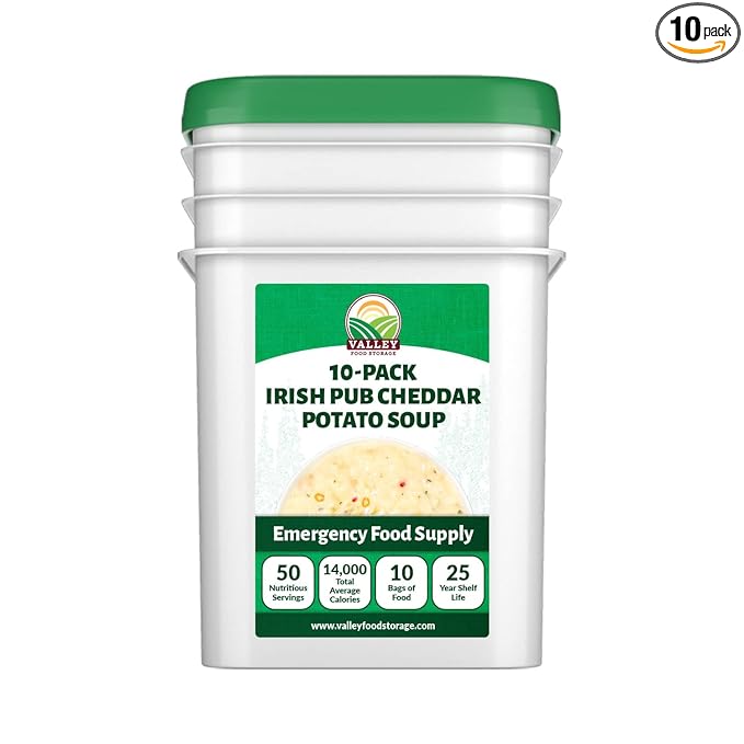 Valley Food Storage Irish Pub Cheddar Potato Soup 10-Bag Bucket 50 Servings | Premium Non-GMO Emergency Food Supply with 25 Year Shelf Life | Survival Meals Prepper Food Camping &amp Off-Grid Supp