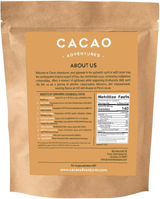 Cacao Adventures Ceremonial Cacao | Tropical Desert Peru 100% Pure Raw Cacao | Dairy Free &amp Vegan | Unsweetened | Ethically Sourced and Sustainably Grown | Cacao Ceremony | Piura Blanco 8 oz