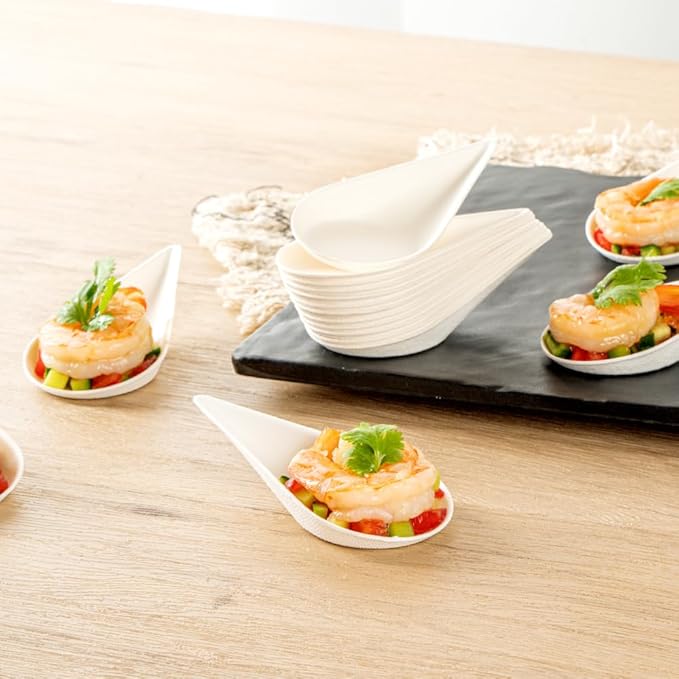 Restaurantware Tasting Spoons - 100 Pack - 4.25 Inch Pulp Safe Home Compostable Teardrop Mini Spoon - Eco-Friendly Sugarcane Bagasse Disposable Utensils for Catering Food Tasting