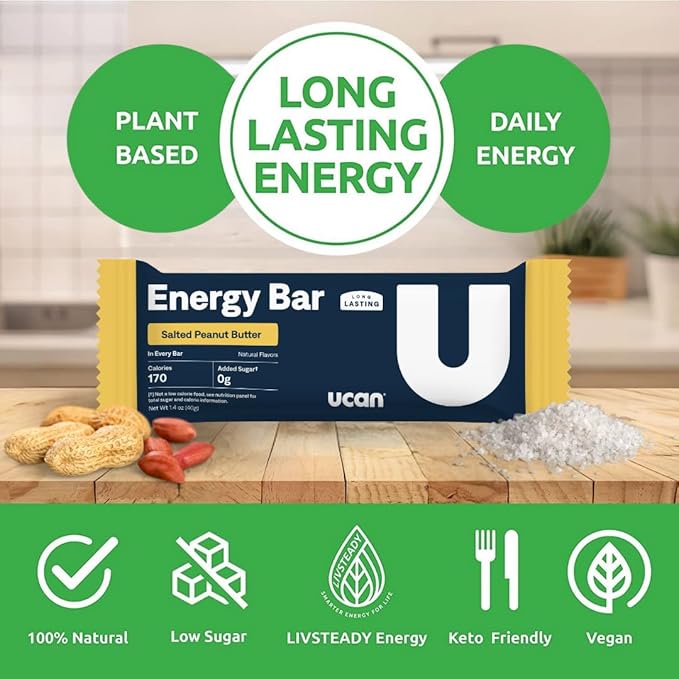 UCAN Energy Bars | Low Sugar Low Calories | Gut Friendly Caffeine-Free Vegan Non-GMO No Soy Keto Friendly | Running Cycling Fitness Pre &amp Post Workout | Salted Peanut Butter 12 Count