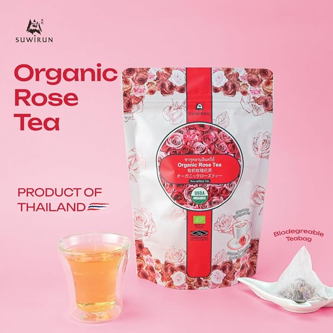 Suwirun Organic Rose Tea 25 Bags – 100% Pure Rose Petals – Delicate Floral Aroma Naturally Caffeine-Free – Relaxing Herbal Tea Enjoy Hot or Cold