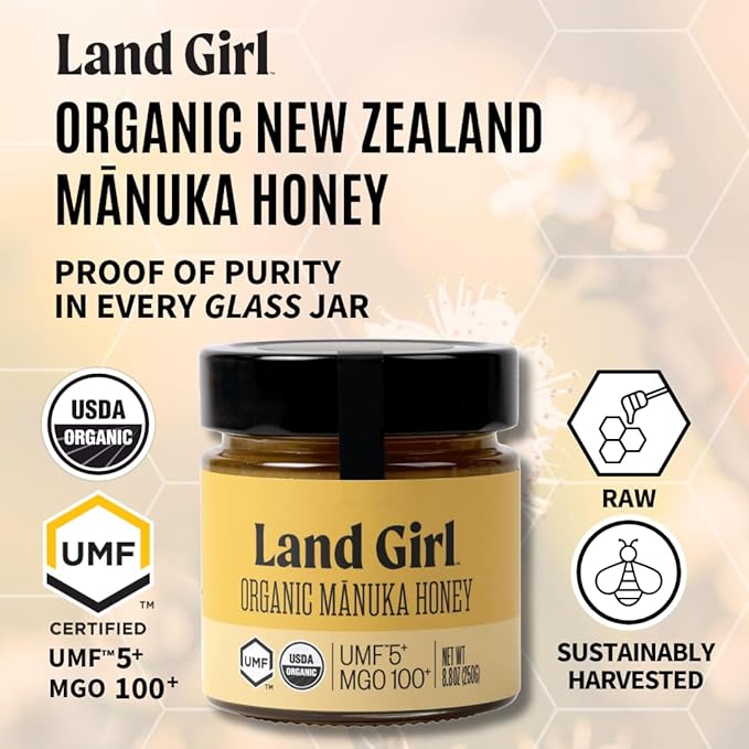 Land Girl Organics New Zealand Raw Premium Manuka Honey | Monofloral USDA Certified Organic Superfood UMF 5+ MGO 100+ Hive to Hand 8.8 oz Glass Jar