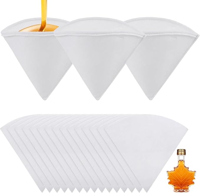 18 PCS Maple Syrup Filters Set 3 Pcs Heavy Duty Boiling Filters &amp 15 Pcs Thin Non-Woven Fabric Pre Filter Deep Cone-Shaped Strainers for Syrup Oil Coffee Home or Commercial Use (1 Qt)