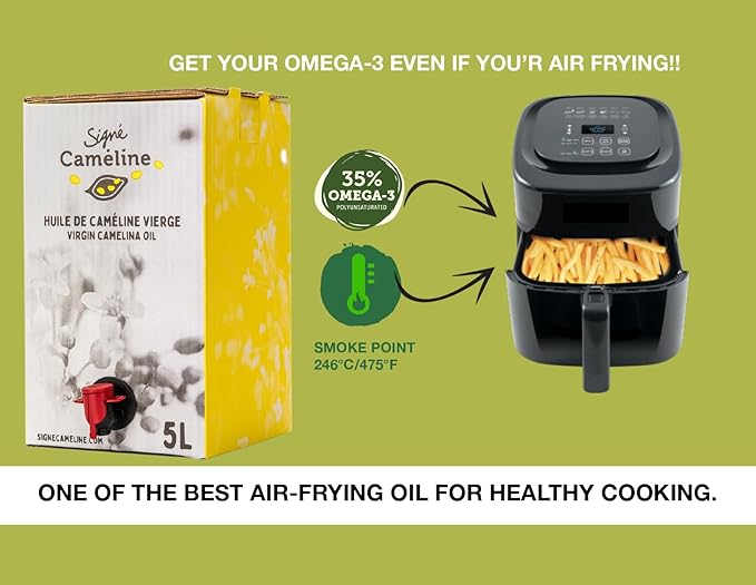 Signé Caméline. Virgin Camelina Oil. 1.32 gallons. Finishing and cooking oil. High in Omega-3. Smoke point 475 degrees fahrenheit. Substitute for olive oil. Produced in Canada.