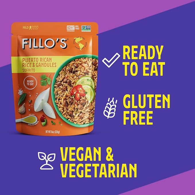 Fillo's Puerto Rican Rice And Gandules - Ready To Eat Rice With Beans Gluten-Free Preservative-Free Microwavable Meals Non-GMO Vegan Plant Protein 8 oz Pk of 6