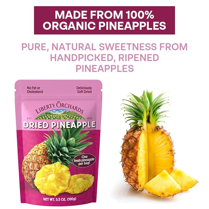 Liberty Orchard Organic Whole Dried Pineapple - Deliciously Sweet Dried Fruit Snack Packed with Fiber &amp Vitamins Vitamins - Healthy Snack Ideal for Smoothies Salads &amp Baking - 5 Pack