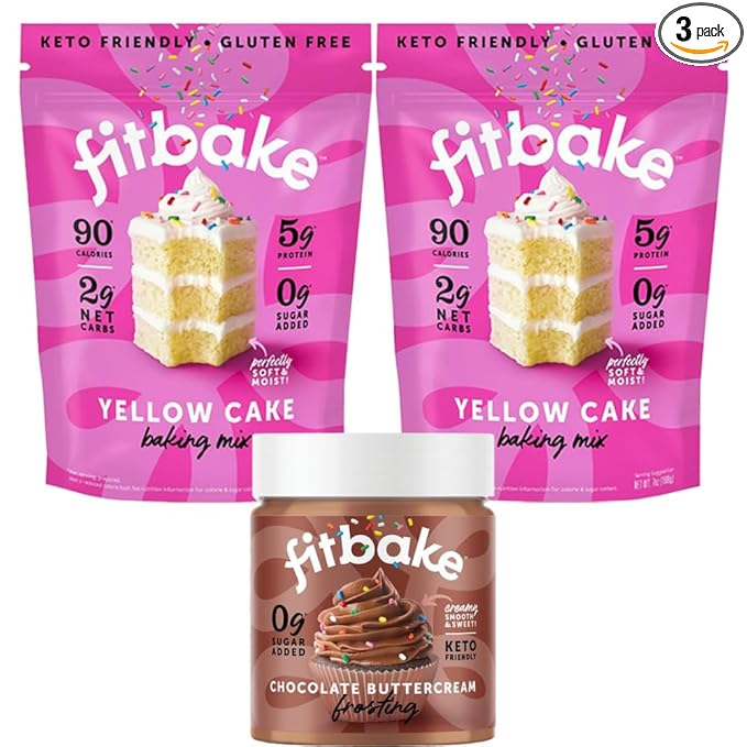 FitBake Yellow Cake Baking Mix and Chocolate Frosting | 0g to 2g Net Carbs Per Serving | Keto Friendly Low Carb Food | Naturally Sweetened Keto Snacks | Gluten Free Desserts | No Added Sugar
