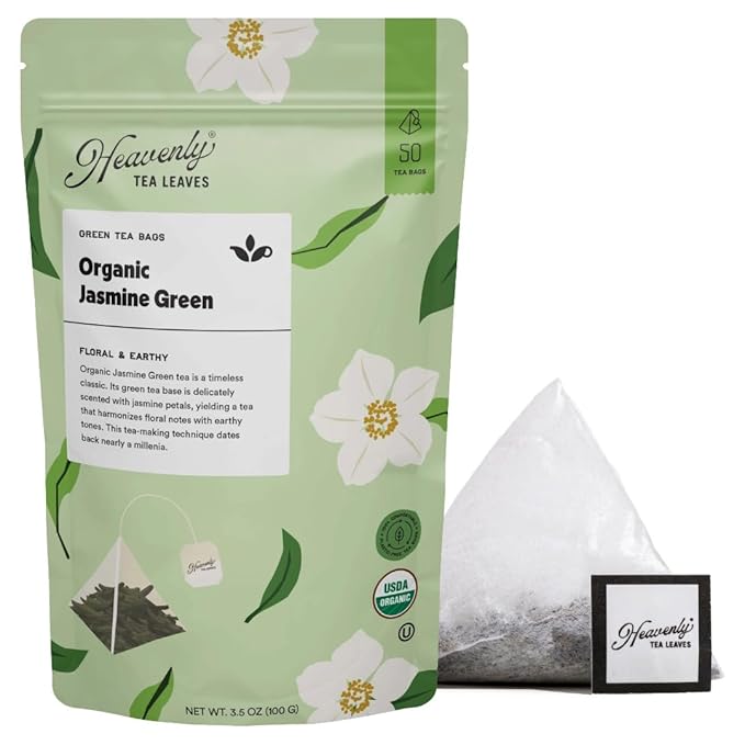 Heavenly Tea Leaves Organic Jasmine Green (50 Pyramid Tea Bags) Bulk Compostable Green Tea Sachets - 100% Plastic Free Premium Quality Whole Tea Leaves in a Convenient Tea Bag