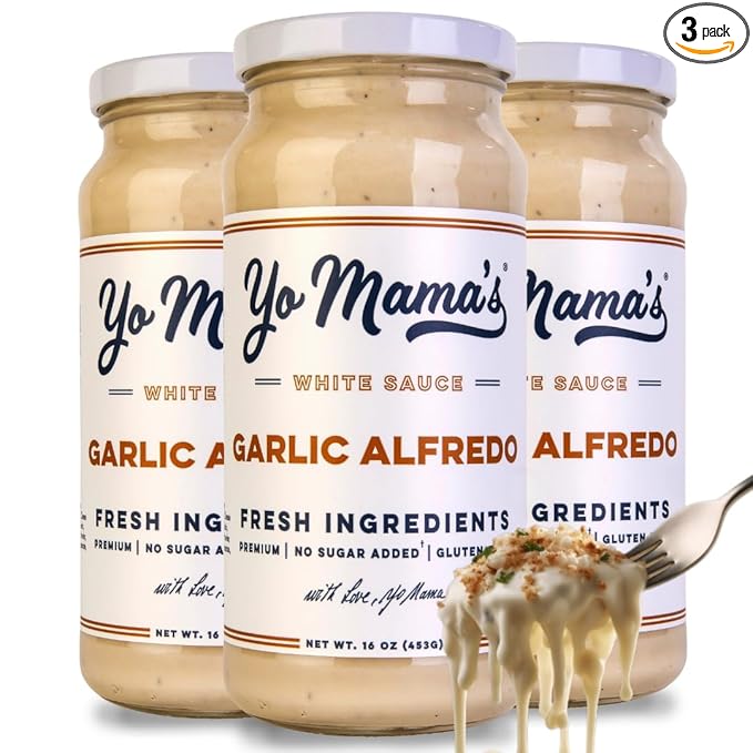 Yo Mama’s Foods Gourmet Keto Garlic Alfredo Pasta Sauce | (3) 16 Ounce Glass Bottles | Our Garlic Sauce is Low Carb Paleo Gluten Free Low Calorie and is Made with only the Freshest Ingredients!