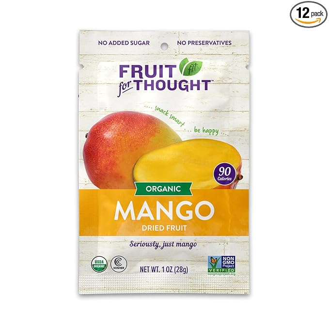 Fruit for Thought Organic Dried Mango | Dried Fruit Snack Packs Ideal for the Family | No Sugar Added | At Home Work or On the Go | 1 Ounce Bags Pack of 12