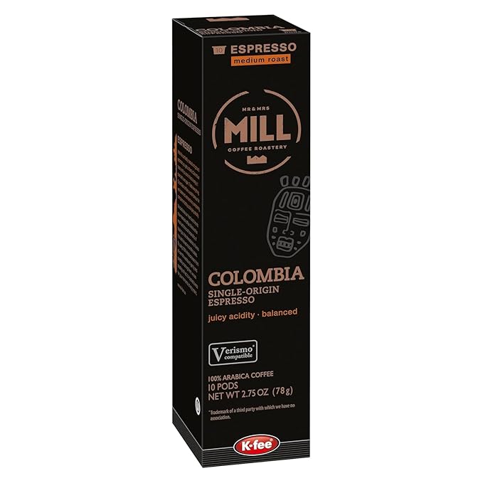 Mill Coffee Colombia Espresso K-fee® compatible with Starbucks Verismo* | 60 Count (6 boxes X 10 Pods) | Medium Roast Single Serve Espresso Pods (60)